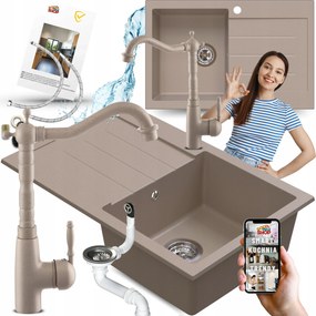 Gránit Mosogató Bézs Egykamrás Csepegtetővel És Retro Csapteleppel 7in1