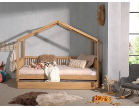 Natúr színű házikó alakú tölgyfa gyerekágy kihúzható pótággyal 90x200 cm Forrest – Vipack