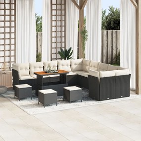 14 Darabos Kerti Sofa Szett Párnákkal Fekete Poli Rattan Akác, 4 Darabos Kerti Étkező Szett Párnákkal Fekete Poli Rattan Akác
