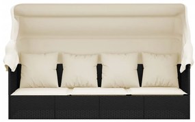 Fekete polyrattan kültéri társalgókanapé tetővel és párnákkal