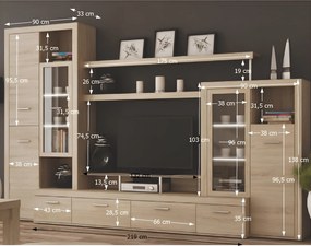 Nappali sor LED világítással, sonoma tölgyfa, ATLANTIS NEW