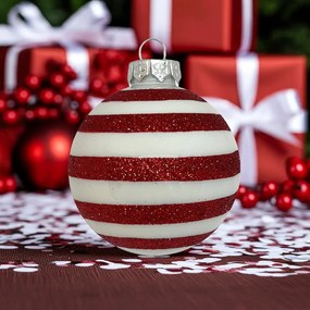 Fehér-piros glitter csíkos kézzel festett karácsonyi üveggömb szett, 7 cm, 6 db