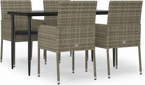 vidaXL 5 részes fekete és szürke polyrattan kerti étkezőszett párnával