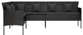 L-alakú fekete polyrattan kerti kanapé párnákkal
