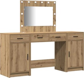 vidaXL Öltözködőasztal tükör lámpákkal fiókkal 3 pcs Barna Faanyag