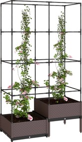 Outsunny fém rácsos emelt virágágyás — nagy kültéri emelt kaspó futónövényeknek, 2 x PP kaspó vízelvezetéssel és dugókkal, 100 x 50 x 174 cm, fekete |