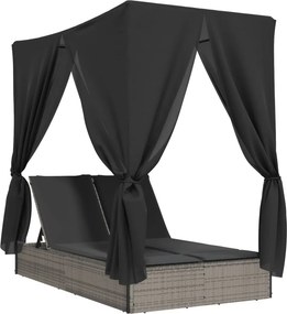 vidaXL szürke polyrattan dupla napozóágy tetővel és függönyökkel