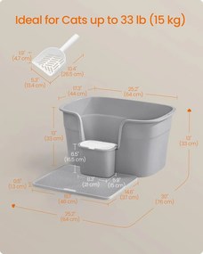 Extra nagy macskaalomdoboz magas oldalfallal, alomfogó ráccsal, szürke színben