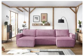 Rózsaszín kordbársony kinyitható sarokkanapé ("U" alakú) Nihad – Bobochic Paris