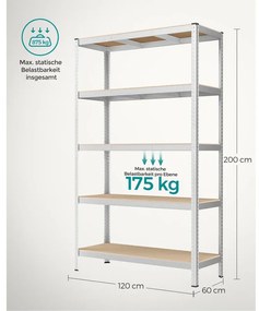 Ötszintes polcrendszer, acél polcrendszer tároláshoz, teherbírás 875 kg, 60 x 120 x 200 cm, ezüst