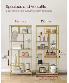 VASAGLE Könyvespolc, 6 szintes magas könyvszekrény 30 × 80 × 180 cm, fémes arany színben