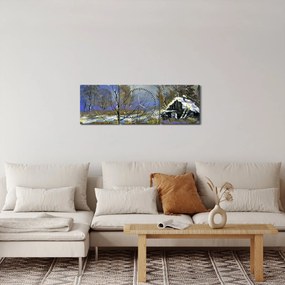 Téli tájon lévő házikó képe, olajfestmény (órával) (90x30 cm)