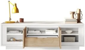 SKY 2.0 TV-szekrény 2 ajtóval és 1 fiókkal, fehér matt lakkozott vázzal, Cadiz tölgy mintázatú laminált előlapokkal