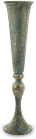 Patinásra antikolt fém talpas virágos váza 56,5x13x13cm