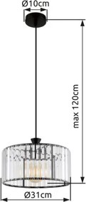 Globo 15742H Függeszték fém fekete matt, átlátszó akril kristályok, fekete PVC kábel, ø: 310mm, M: 1200mm, 1x E27 60W 230V izzó nélkül