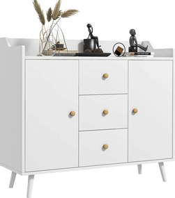 HOMCOM Modern Nappali Tálca Konyhai Tálca 2 Ajtóval, 3 Fiókkal és Fenyőfa Lábakkal Étkezőbe, Előszobába vagy Hálószobába 90x32x80 cm Fehér | Aosom