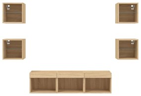 7 darab füstös tölgy színű szerelt fa TV-bútor LED-del