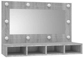 szürke sonoma színű tükrös szekrény LED-ekkel 90 x 31,5 x 62 cm