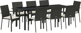 vidaXL Kert étkező szett párnával 9 pcs Fekete polirattan