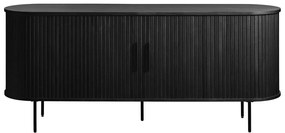 Fekete alacsony komód tolóajtóval, tölgyfa dekorral 76x180 cm Nola – Unique Furniture