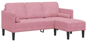 Kerti kanapé padokkal és párnákkal L-alakú rózsaszín bársonyos, 3 személyes kanapé chaise longue világos rózsaszín 160 cm bársonyból, Zsöllye rózsaszín 113x57x39 cm bársonyos