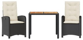 3 részes fekete polyrattan kerti étkezőgarnitúra párnákkal
