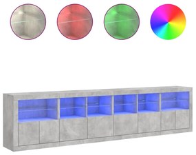 betonszürke tálalószekrény LED-világítással 283x37x67 cm