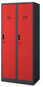 Pléh öltözőszekrény talpazaton, kétmodulos, polccal és köztes fallal KACPER, 800 x 1800 x 500 mm, antracit-piros