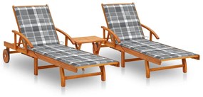 vidaXL 2 db tömör akácfa napozóágy asztallal és párnákkal