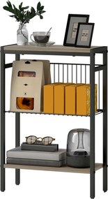 HOMCOM Keskeny 3-Szintes Oldalsó Asztal Ipari Stílusú, Nyitott Polcokkal és Acél Szerkezettel, Nappaliba és Hálószobába 43x18x62.5 cm Szürke | Aosom