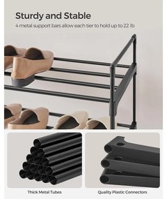 4 szintes cipőtároló állvány, fém cipőtartó 20 pár cipő számára, 92x30x73 cm, fekete