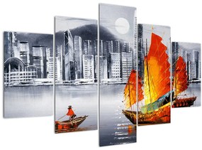 Festmény - Victoria Harbour, Hong Kong, fekete-fehér olajfestmény (150x105 cm)