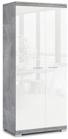 Mazzoni SIMPLE SZD2 szekrény Millenium Beton/Fehér Fényes - RUHÁSSZEKRÉNY POLCCAL ÉS RUHATARTÓ SÍNNEL