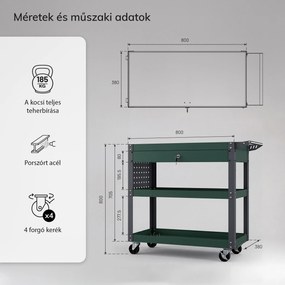 Műhelyi szerszámkocsi fiókkal, görgőkön, üvegzöld, 800x800x380 mm: FRED