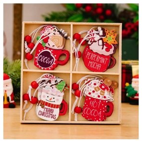 Fából készült karácsonyi dekorációs készlet HOT DRINKS, 12 db