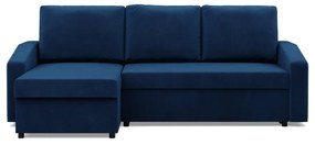 Zeus sarokkanapé, 2 ágyneműtartóval, döntött kartámasz, bársony, univerzális oldal, hab töltet, kék