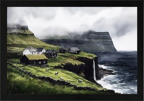 Poszter Keret Fa Tájkép Feröer-szigetek Település Házak Vízesés Hegyek 60x40