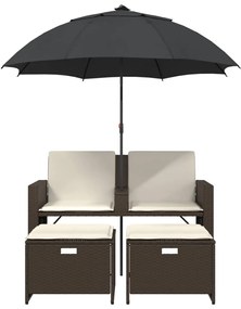 2 személyes barna polyrattan kerti kanapé napernyővel/székkel