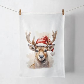 Karácsonyi rénszarvas pamut konyharuha 50x70 cm Deer with Santa hat