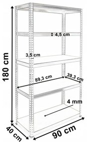 Álló polc, fém, 180X90X40, 175 kg / polc