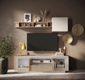 SKY 2.0 TV-szekrény 2 ajtóval és 1 fiókkal, kasmír színű laminált vázzal, Cadiz tölgy mintázatú előlapokkal