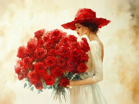 Canvas Vászonkép Nő Piros Kalapban Rózsákkal 80x60