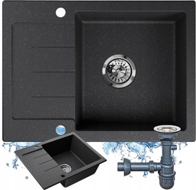 Fekete, pettyes gránit mosogató, kis, egykamrás mosogató szifon