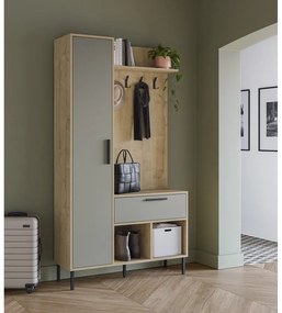 Zöld-natúr színű előszoba bútor tölgyfa dekorral 108x195x35 cm Heidy – Marckeric