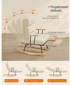 Hintaszék fa lábakkal, plüss szövettel, 4 fokozatban állítható háttámlával,  krémfehér