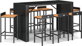 vidaXL 9 részes fekete polyrattan és tömör akácfa kerti bárszett