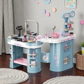 Játék fodrászállomás, elektromos hajszárítóval és hajvasalóval, tükörrel, sminkkiegészítőkkel, több tárolópolccal