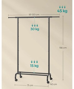 Ruhatartó állvány, gurulós ruhatároló kerekekkel, mérete: 40 x (83-120) x 156 cm, tintafekete