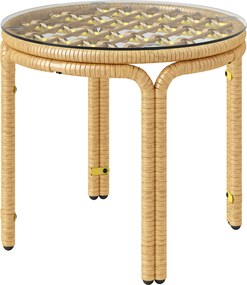 Outsunny Kerek Asztalka PE Rattanból Üveglappal Éjjeli Szekrény Kerti Asztal Teraszbútor Sörasztal, Ø50 cm Sárga | Aosom