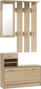 HOMCOM Modern Előszoba Bútor Szett Cipőpad és Tükörrel, Előszobai Akasztófával 6 Kampóval, 2 Állítható Polccal és Fiókokkal, 90x24x177 cm, Tölgy | Aos